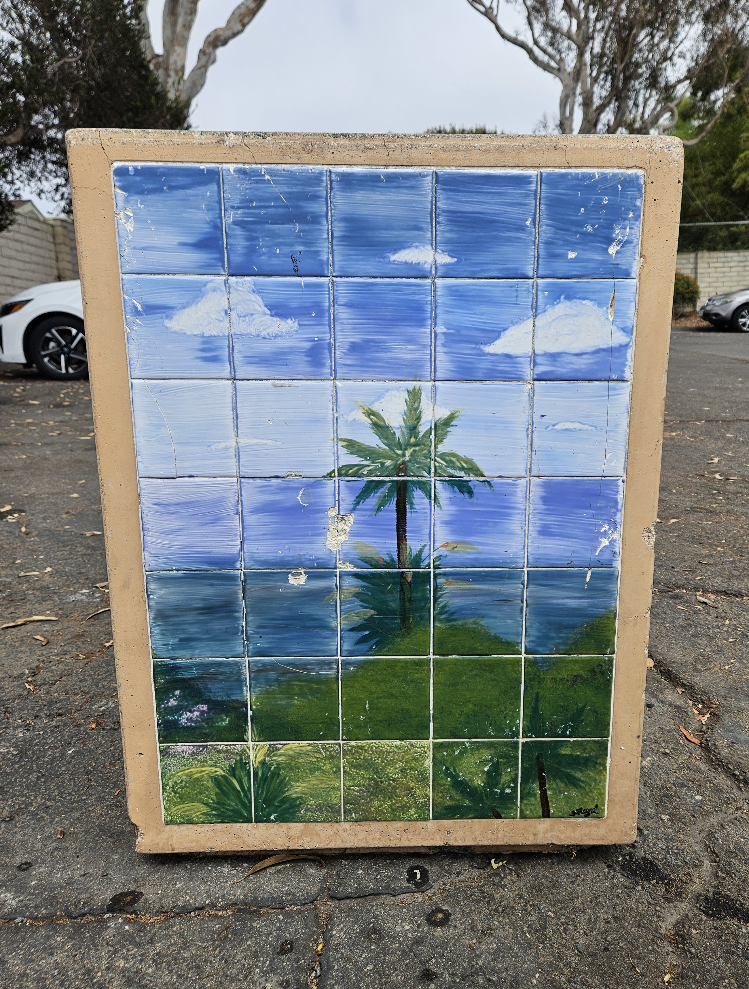 Palm Tree Tile Trash Can