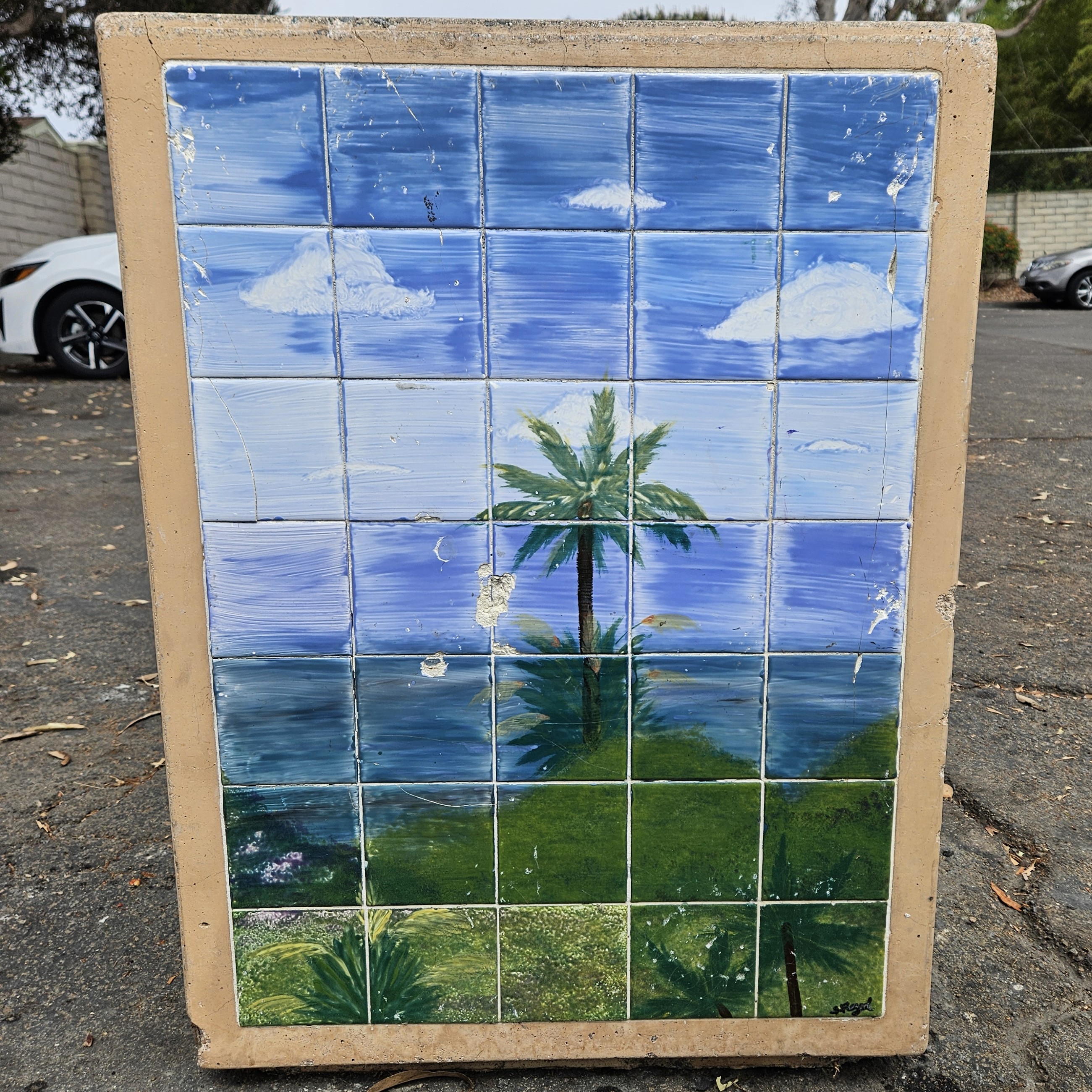 Palm Tree Tile Trash Can